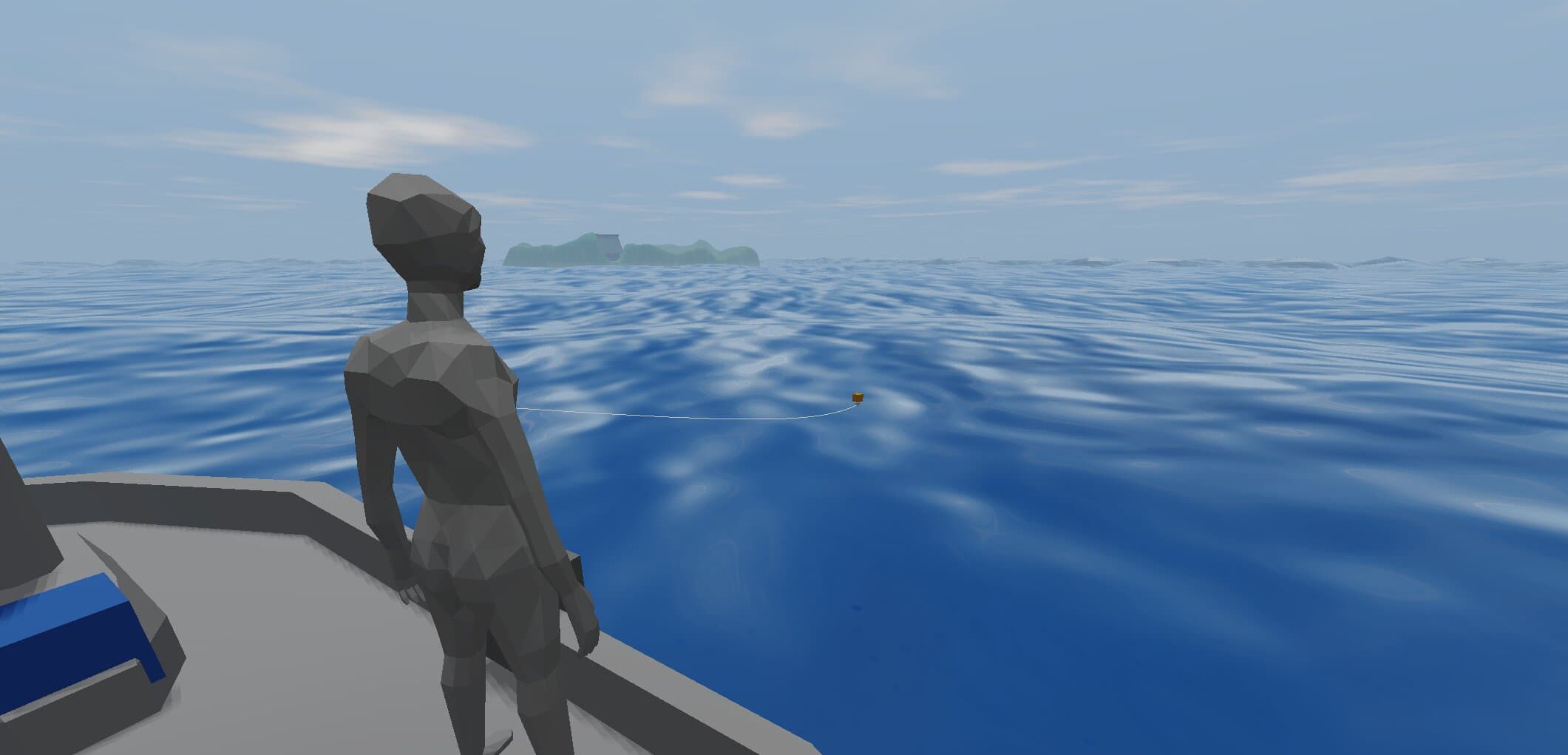 A character at the water's edge, line cast