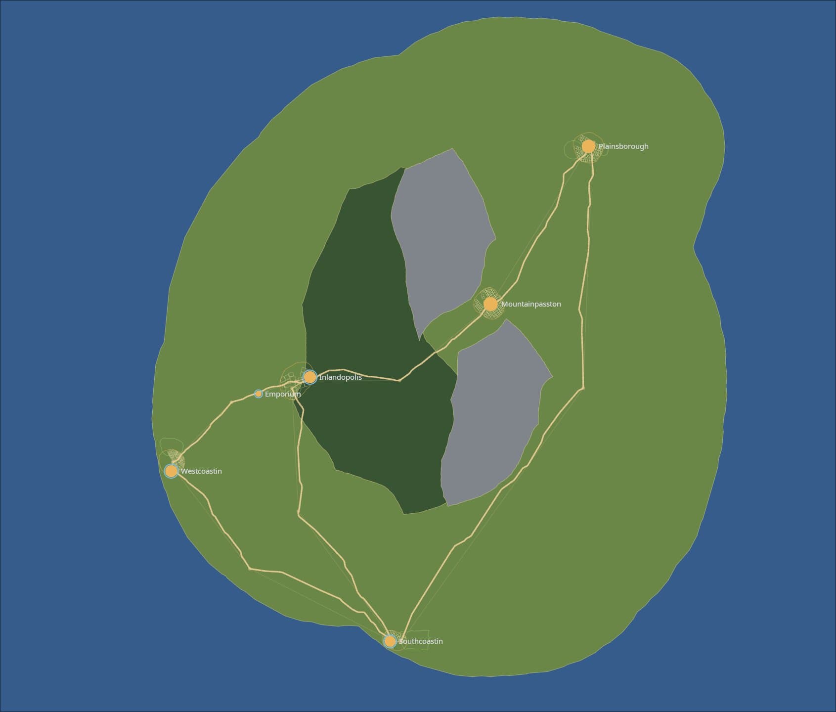The map document for Economia: a green island on a blue sea with forest and rock regions at its center, and roads linking Westcoastin, Inlandopolis, Emporium, Southcoastin, Mountainpasston and Plainsborough