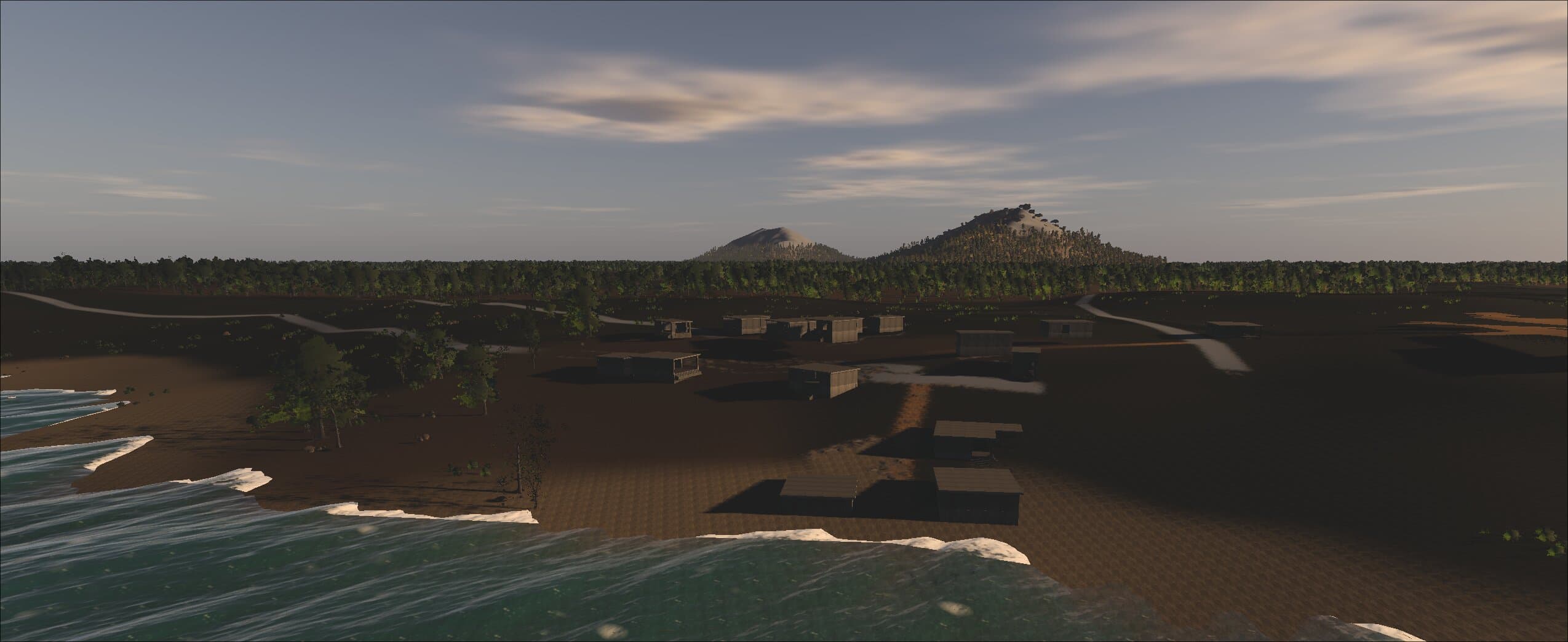 A coastal settlement of low wooden buildings on bare earth, roads winding inland toward two forested hills