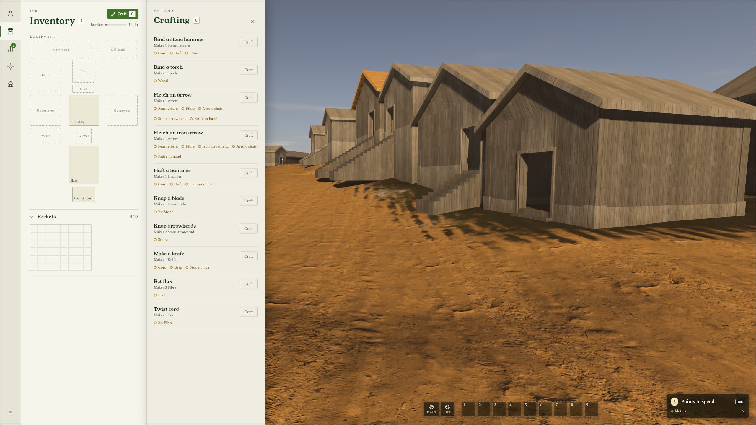 The tab menu open over the game, showing paper-colored inventory and crafting panels beside a row of wooden houses