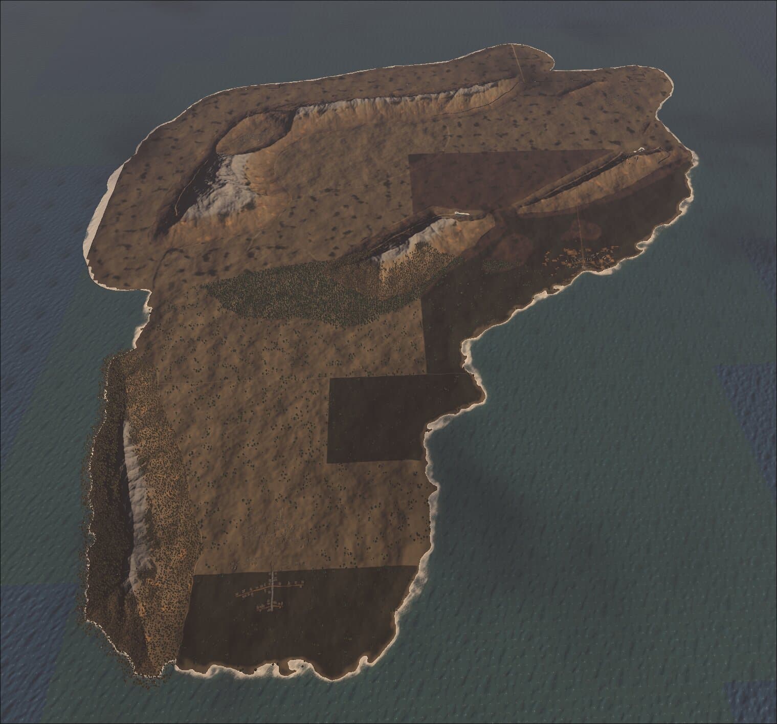 The same island baked into 3D terrain, seen from directly above
