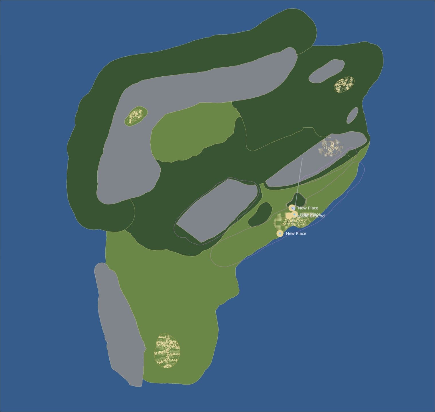 The map document in the editor: an island painted in flat regions of forest, meadow and rock on a blue sea, with settlements marked