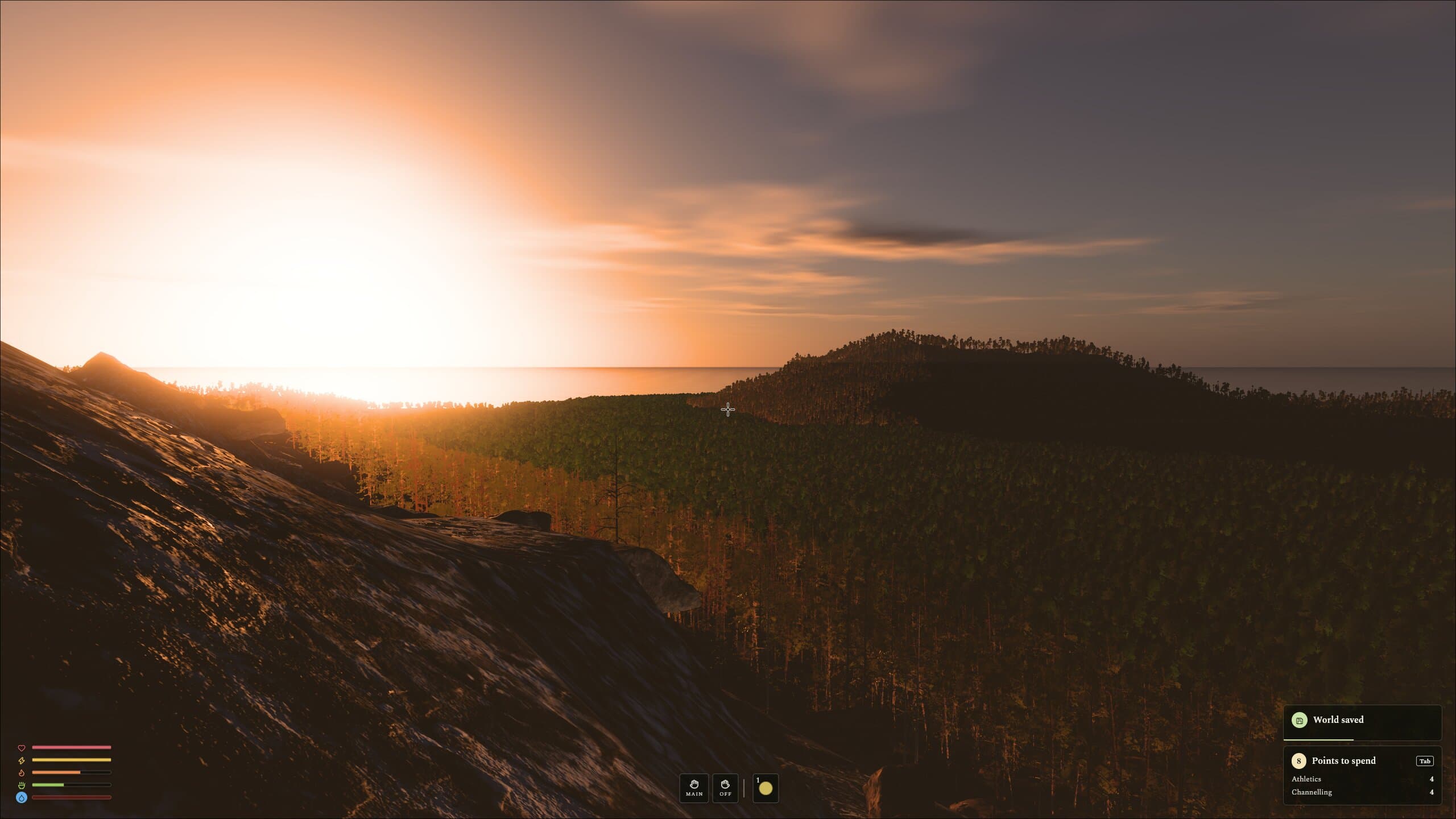 An orange sunset behind a dark ridge, the forest below lit warm from the side